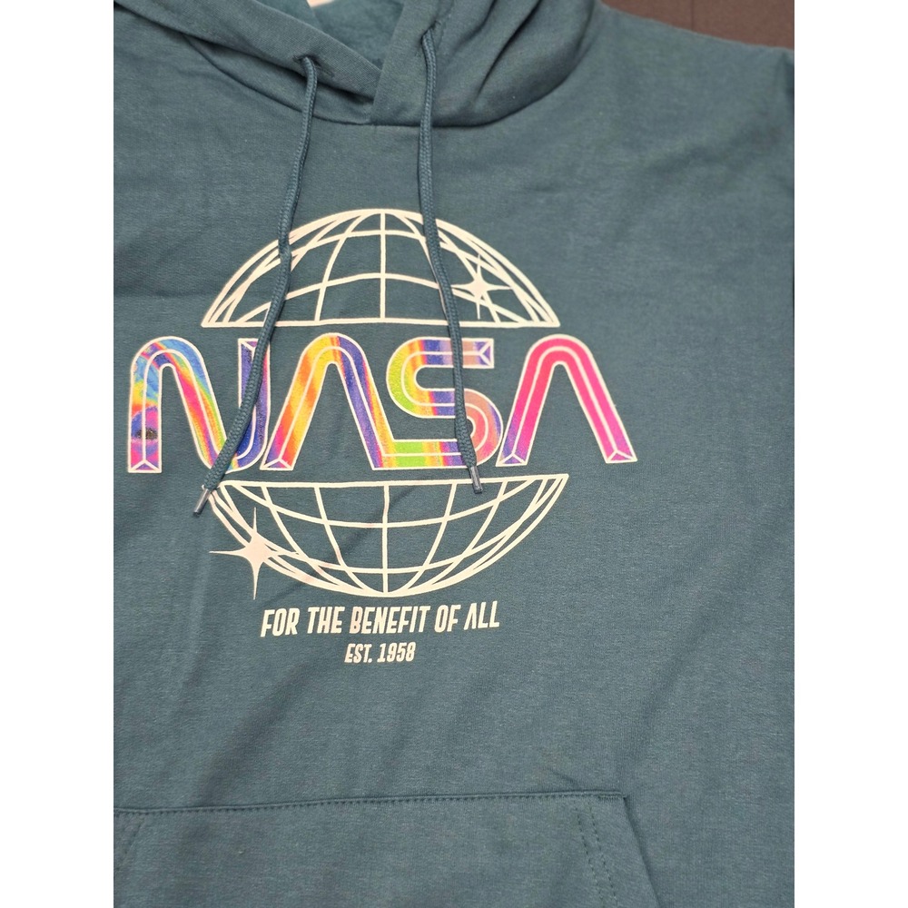 NASA Hoodie Mens Medium Teal Blue Rainbow Logo For The Benefit Of All Sweatshirt
